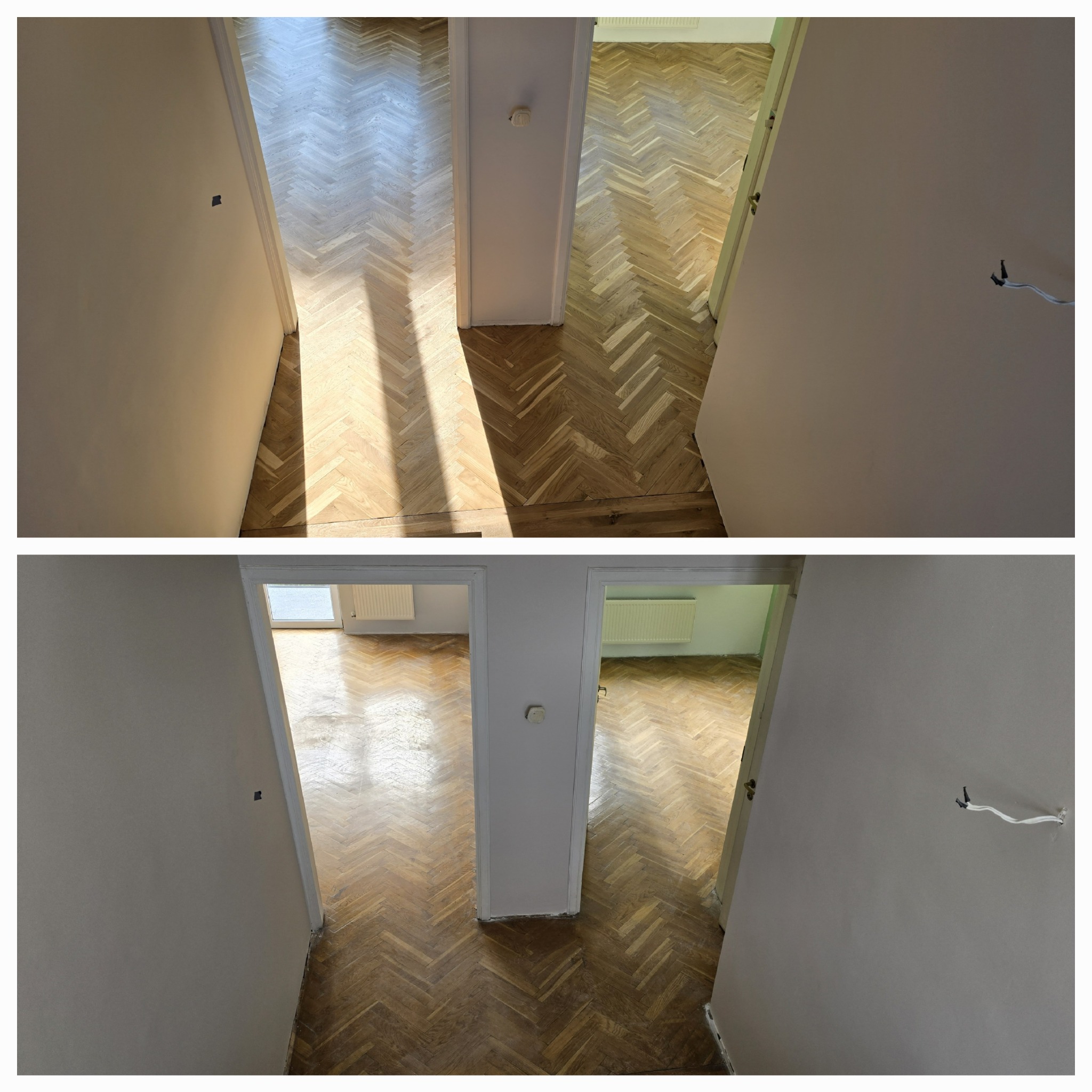 Porównanie stanu parkietu przed i po renowacji. Górna część zdjęcia pokazuje podłogę z wyraźnymi śladami użytkowania i nierównym kolorem, na dolnej części parkiet odzyskuje blask i jednolity odcień...