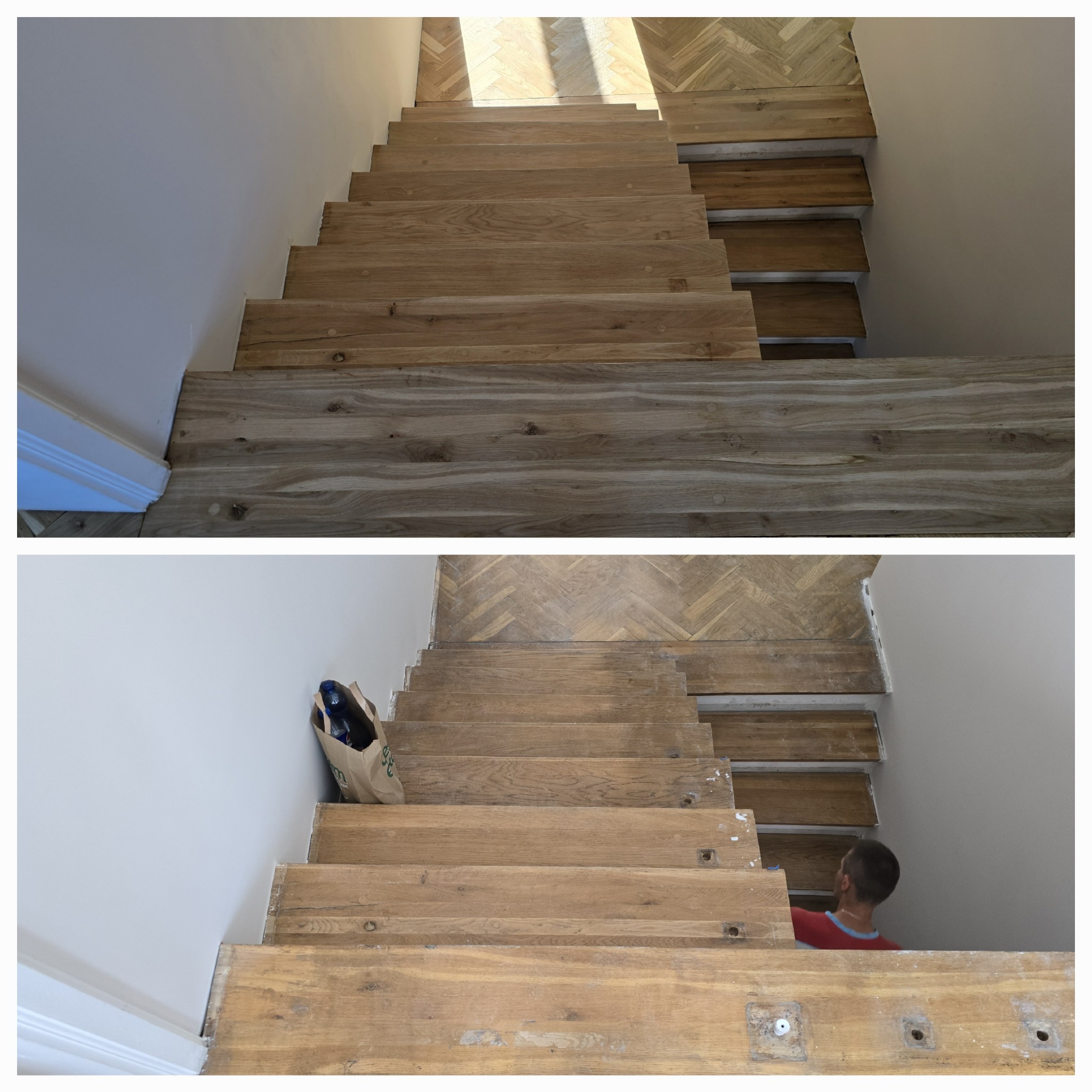 Schody drewniane przed i po renowacji, widoczne różnice w odcieniu i stanie powierzchni stopni, na górze wycyklinowane, na dole z widocznymi śladami użytkowania i torbą z butelkami.