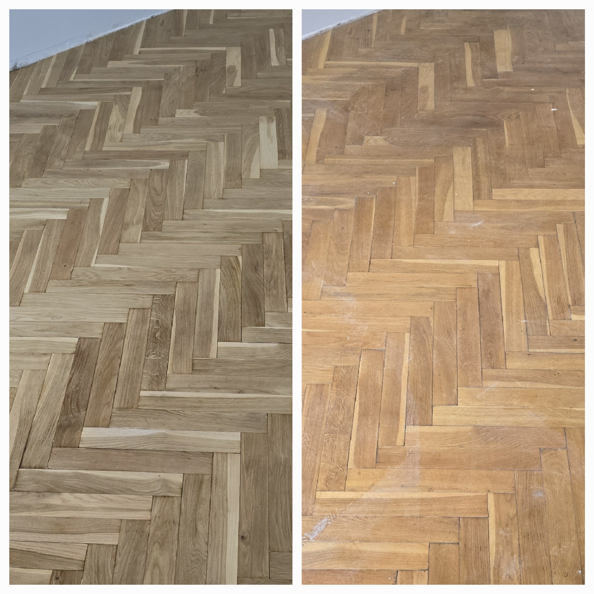 Porównanie parkietu ułożonego w jodełkę przed i po cyklinowaniu: po lewej stronie odnowiona, jasna powierzchnia, po prawej stronie stara, zarysowana i zabrudzona.