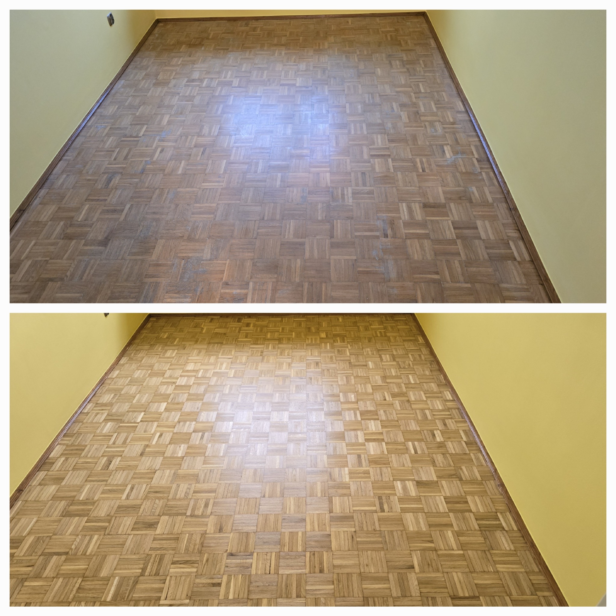 Porównanie parkietu ułożonego w kwadraty przed i po renowacji, widoczne różnice w kolorze i połysku, jasne ściany w tle.