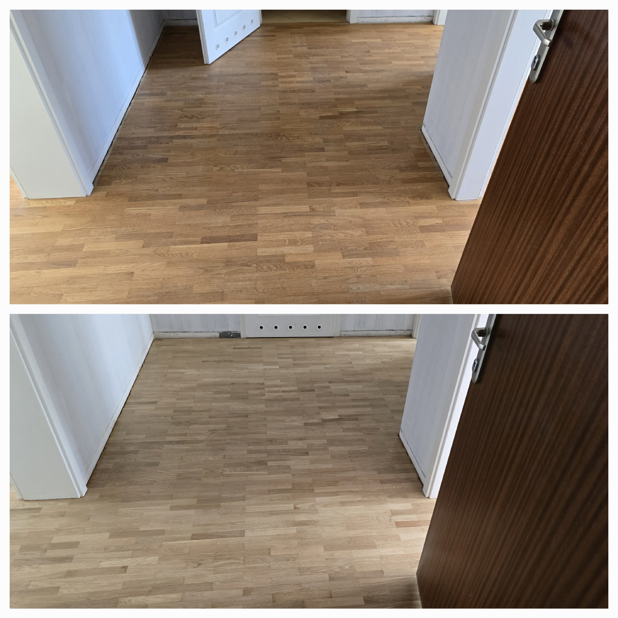 Porównanie podłogi drewnianej przed i po renowacji, widoczne różnice w kolorze i połysku, ujęcie z perspektywy pomieszczenia z otwartymi drzwiami.