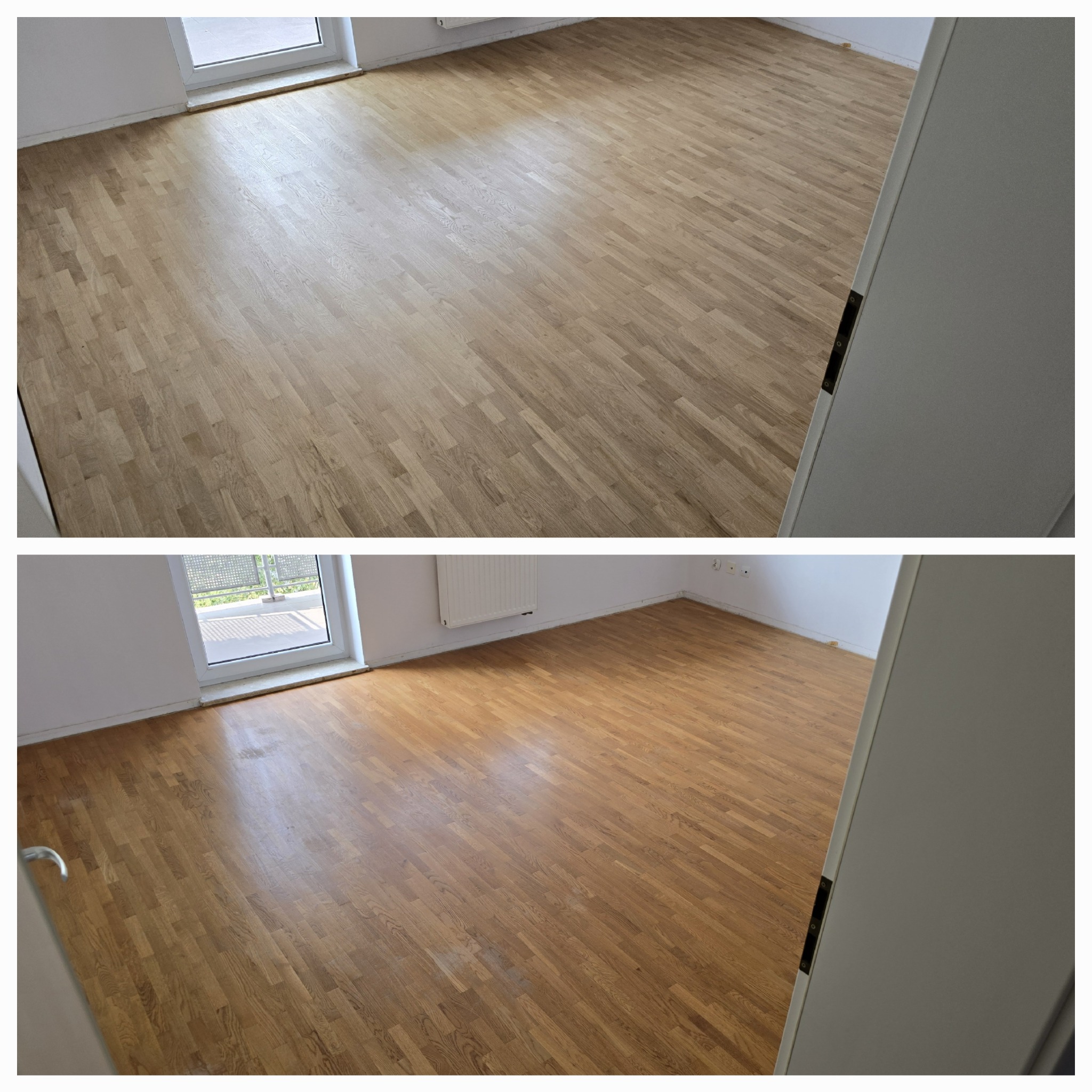 Porównanie podłogi drewnianej przed i po renowacji, widoczne różnice w odcieniu i połysku drewna.