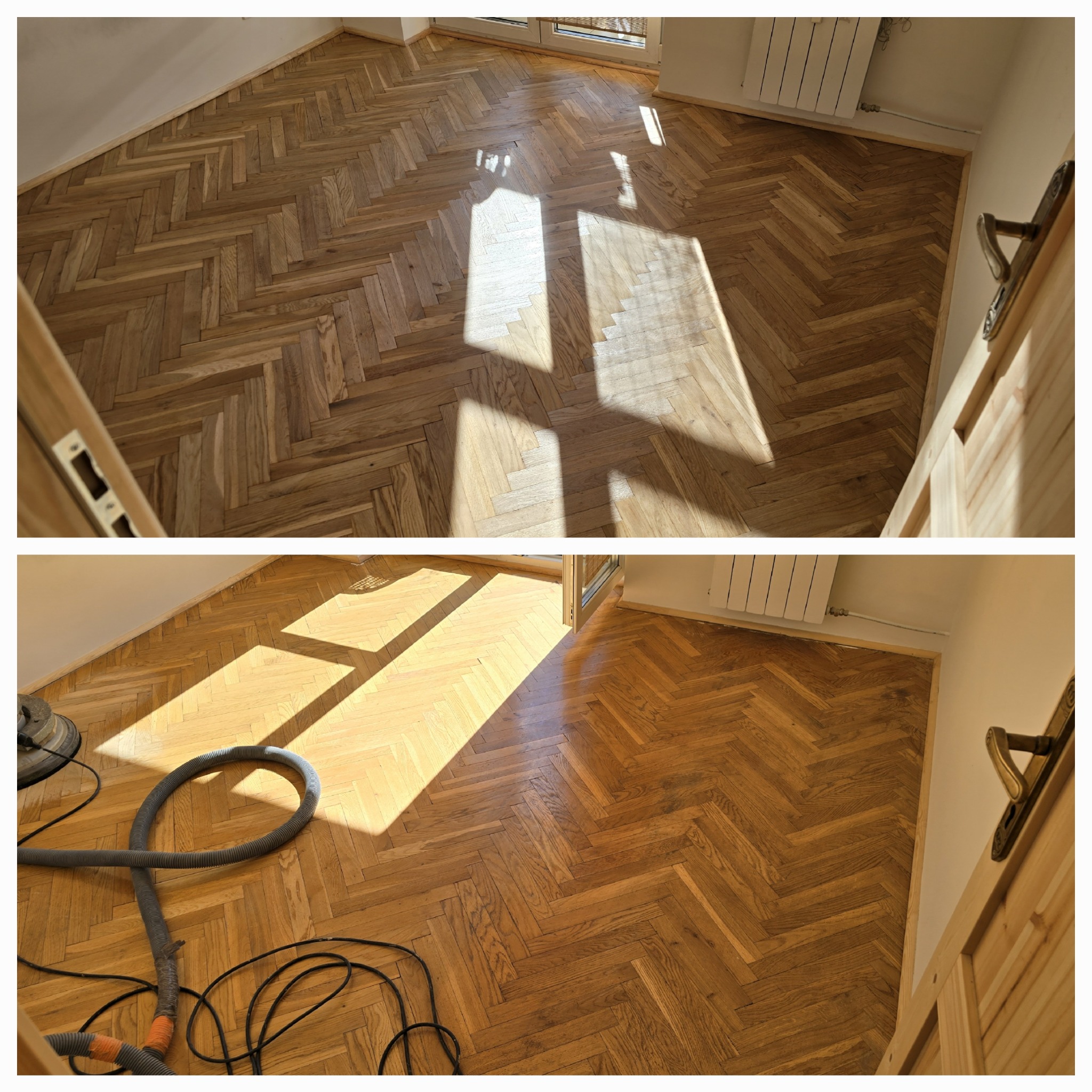 Dwa ujęcia parkietu ułożonego w jodełkę: górne przed, dolne w trakcie renowacji z widocznym wężem odkurzacza i fragmentem maszyny szlifującej.