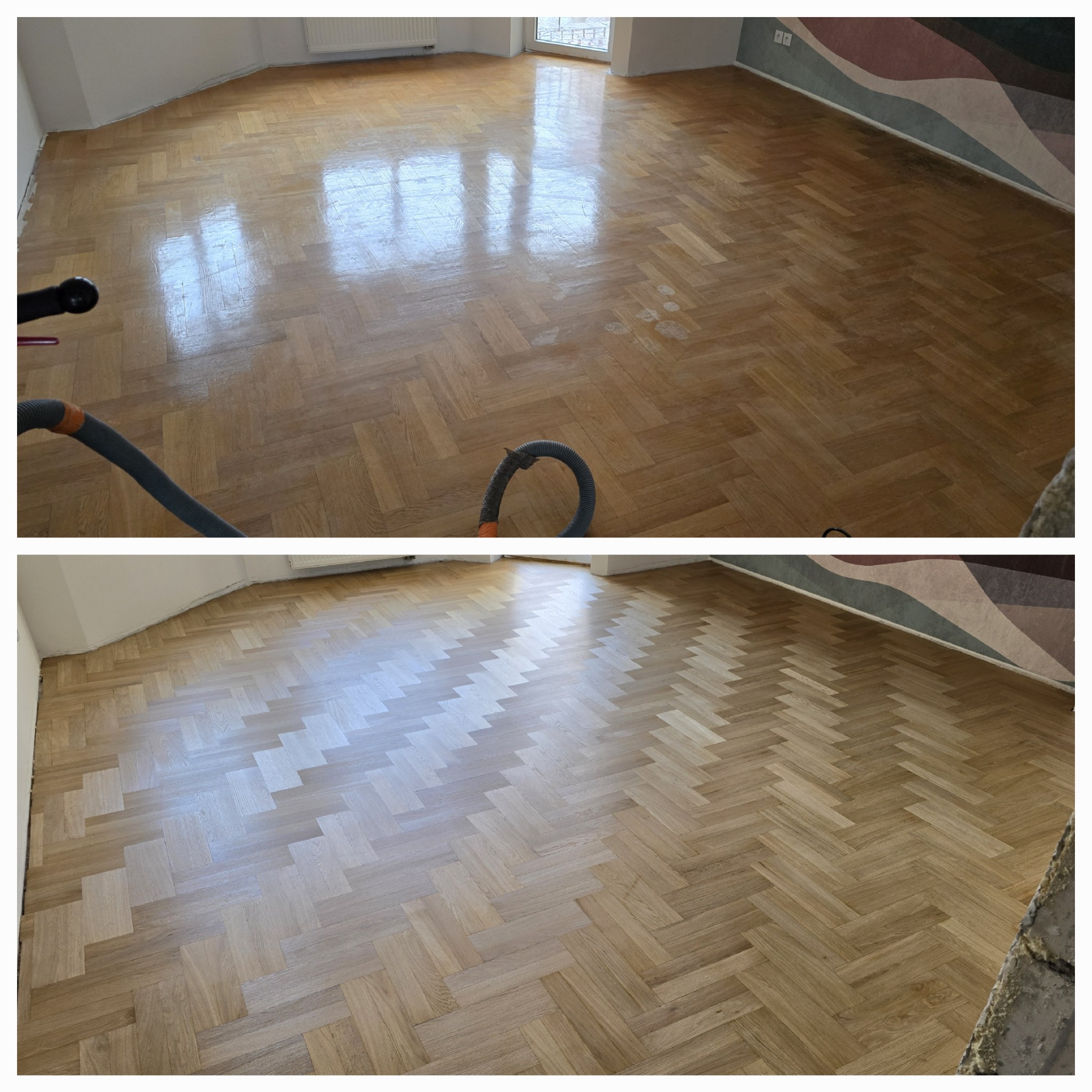 Porównanie stanu parkietu ułożonego w jodełkę przed i po renowacji. Górna część zdjęcia pokazuje starą, zniszczoną powierzchnię z widocznym sprzętem do czyszczenia, dolna część prezentuje odnowiony...