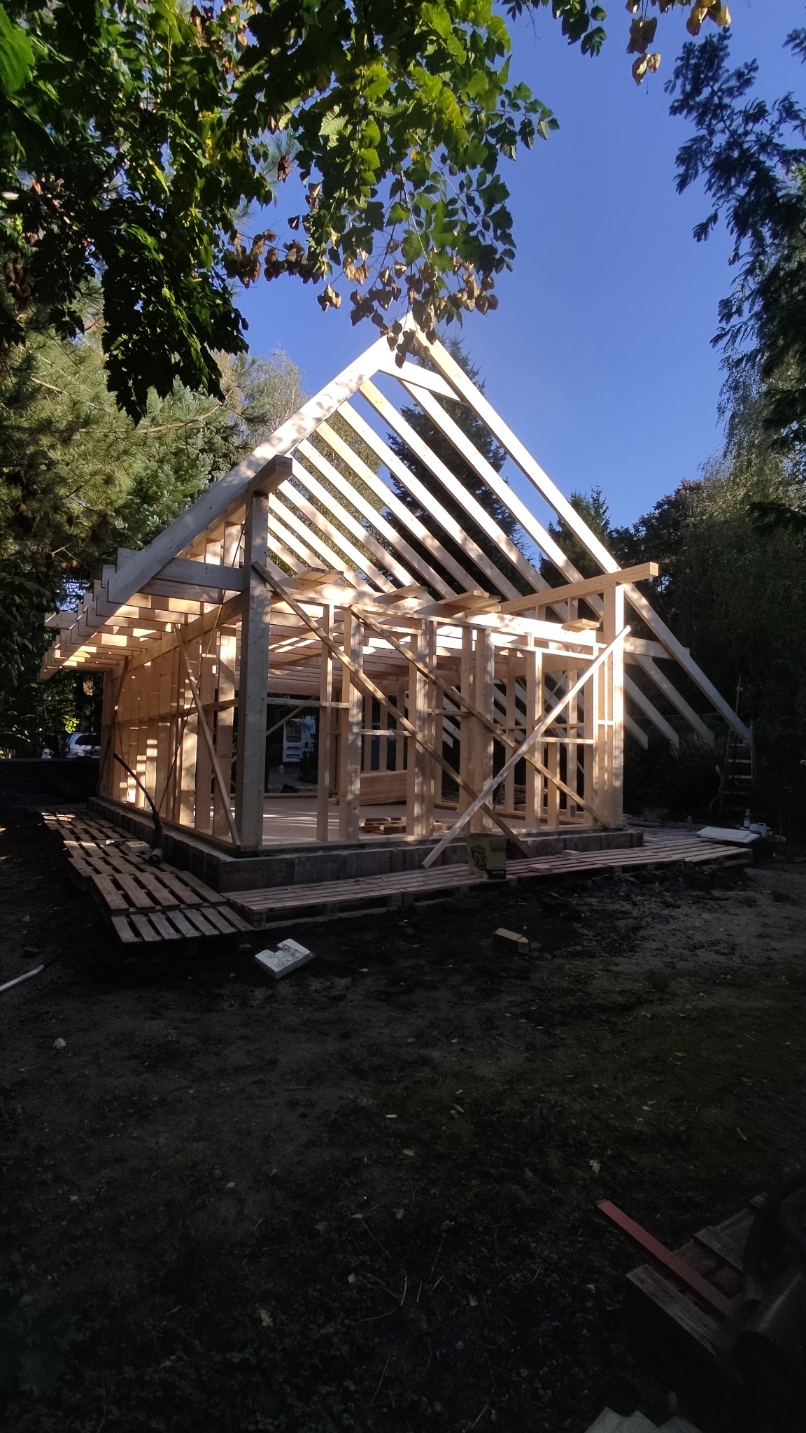 Surowa konstrukcja drewniana budynku w trakcie budowy, widoczne elementy szkieletu i więźby dachowej na tle zieleni i błękitnego nieba.