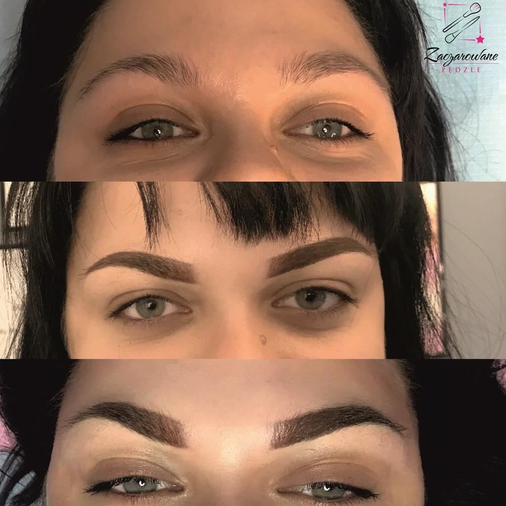 Kolaż przedstawiający metamorfozę brwi: przed, w trakcie i po zabiegu, z widoczną poprawą kształtu i koloru.