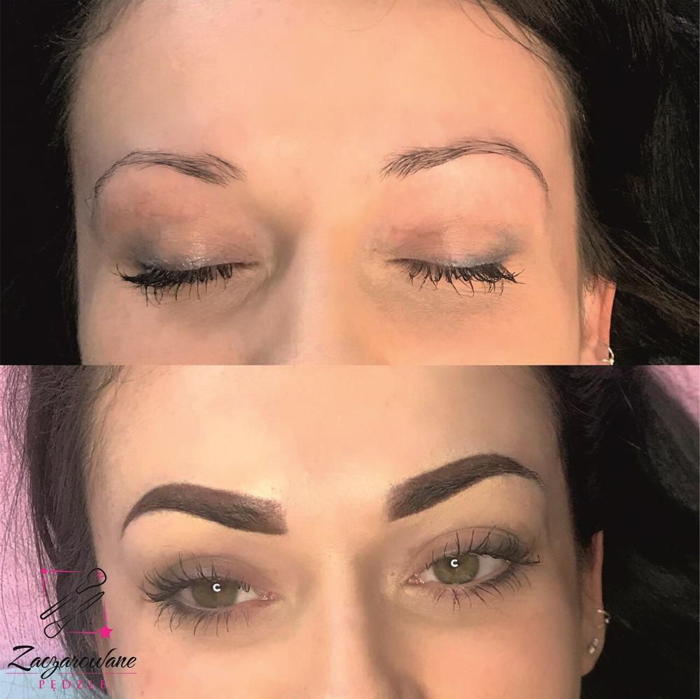 Zbliżenie na brwi przed i po zabiegu, widoczne różnice w kształcie i kolorze, z logo firmy w lewym dolnym rogu.