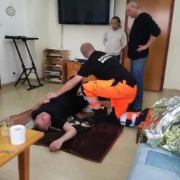 Instruktor w pomarańczowym kombinezonie demonstruje na leżącym mężczyźnie techniki ratownicze, obserwowane przez dwóch mężczyzn w pomieszczeniu z telewizorem i sprzętem audio.