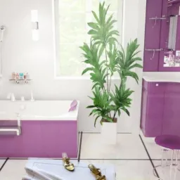 Nowoczesna łazienka w odcieniach bieli i fioletu z dużą rośliną doniczkową, ręcznikiem z parą złotych butów na podłodze i transparentnym stołkiem.