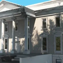 Wizualizacja pałacu z kolumnami, widok z dołu, cień drzew na fasadzie.