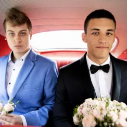 Dwaj mężczyźni w garniturach siedzą w czerwonym samochodzie, trzymając bukieciki kwiatów, prawdopodobnie po ceremonii ślubnej.