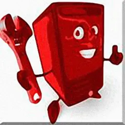 Kreskówkowy czerwony komputer z uśmiechem trzymający klucz francuski, pokazujący kciuk w górę.