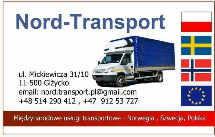 Reklama firmy transportowej Nord-Transport z Giżycka, prezentująca biały samochód dostawczy z niebieską plandeką na tle flag Polski, Szwecji, Norwegii i Unii Europejskiej.