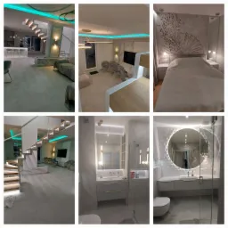 Nowoczesne wnętrza: salon z otwartą kuchnią i schodami, sypialnia z dekoracyjną ścianą, łazienki z marmurowymi wykończeniami i oświetleniem LED.