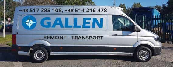 Srebrny bus z niebieskim logo firmy GALLEN i numerami telefonów, oferujący usługi remontowe i transportowe, zaparkowany na zewnątrz.