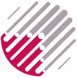 Abstrakcyjne logo z ukośnymi szarymi i różowymi pasami oraz białymi okręgami o różnej wielkości, tworzące dynamiczny, nowoczesny wzór.