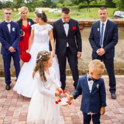 Reportaż ślubny: Para młoda z druhnami i drużbami, dzieci niosące poduszki na obrączki na tle ceglanej ściany.