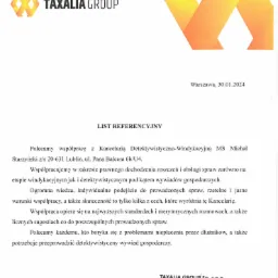 Skan listu referencyjnego dla Taxalia Group, datowany na 30.01.2024, z logo firmy w górnej części i tekstem polecającym współpracę z kancelarią detektywistyczno-windykacyjną.