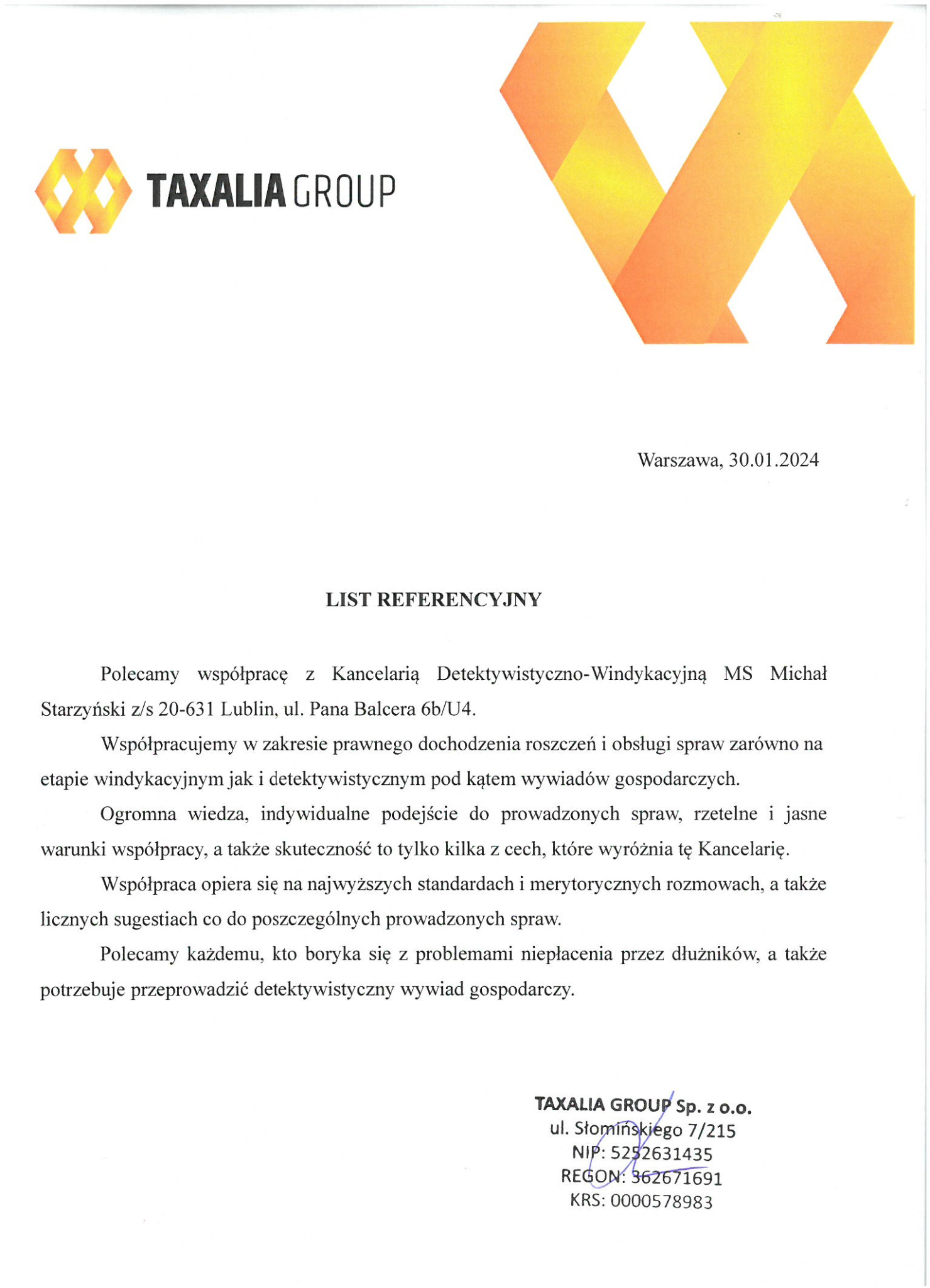 Skan listu referencyjnego dla Taxalia Group, datowany na 30.01.2024, z logo firmy w górnej części i tekstem polecającym współpracę z kancelarią detektywistyczno-windykacyjną.