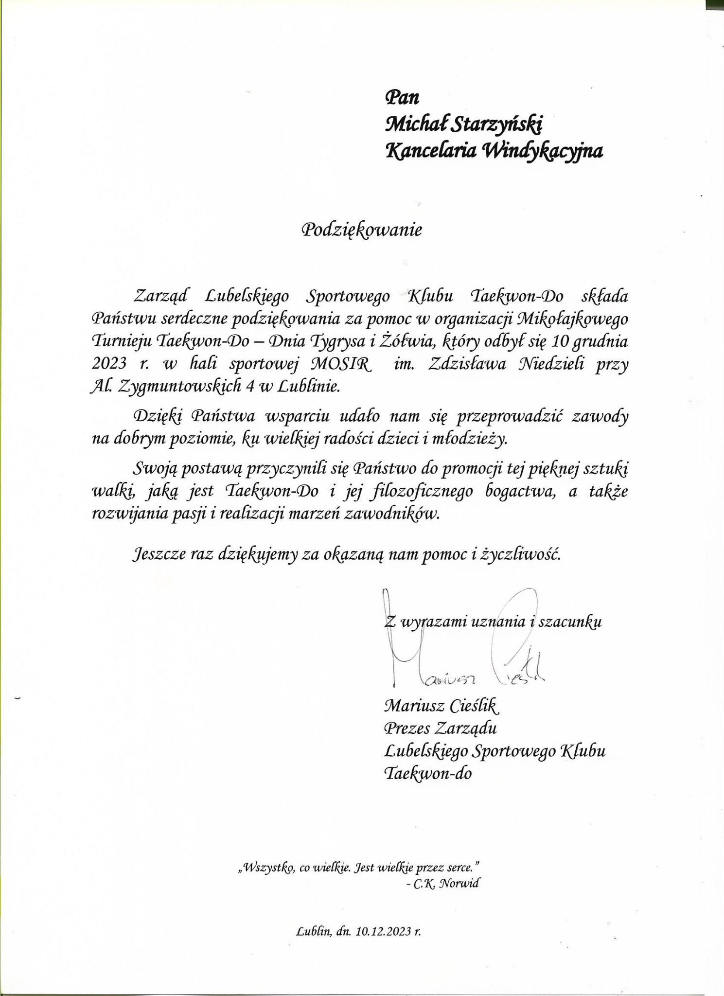 Skan dokumentu z podziękowaniem dla Kancelarii Windykacyjnej Michała Starzyńskiego od Lubelskiego Sportowego Klubu Taekwon-Do za pomoc w organizacji Mikołajkowego Turnieju Taekwon-Do.