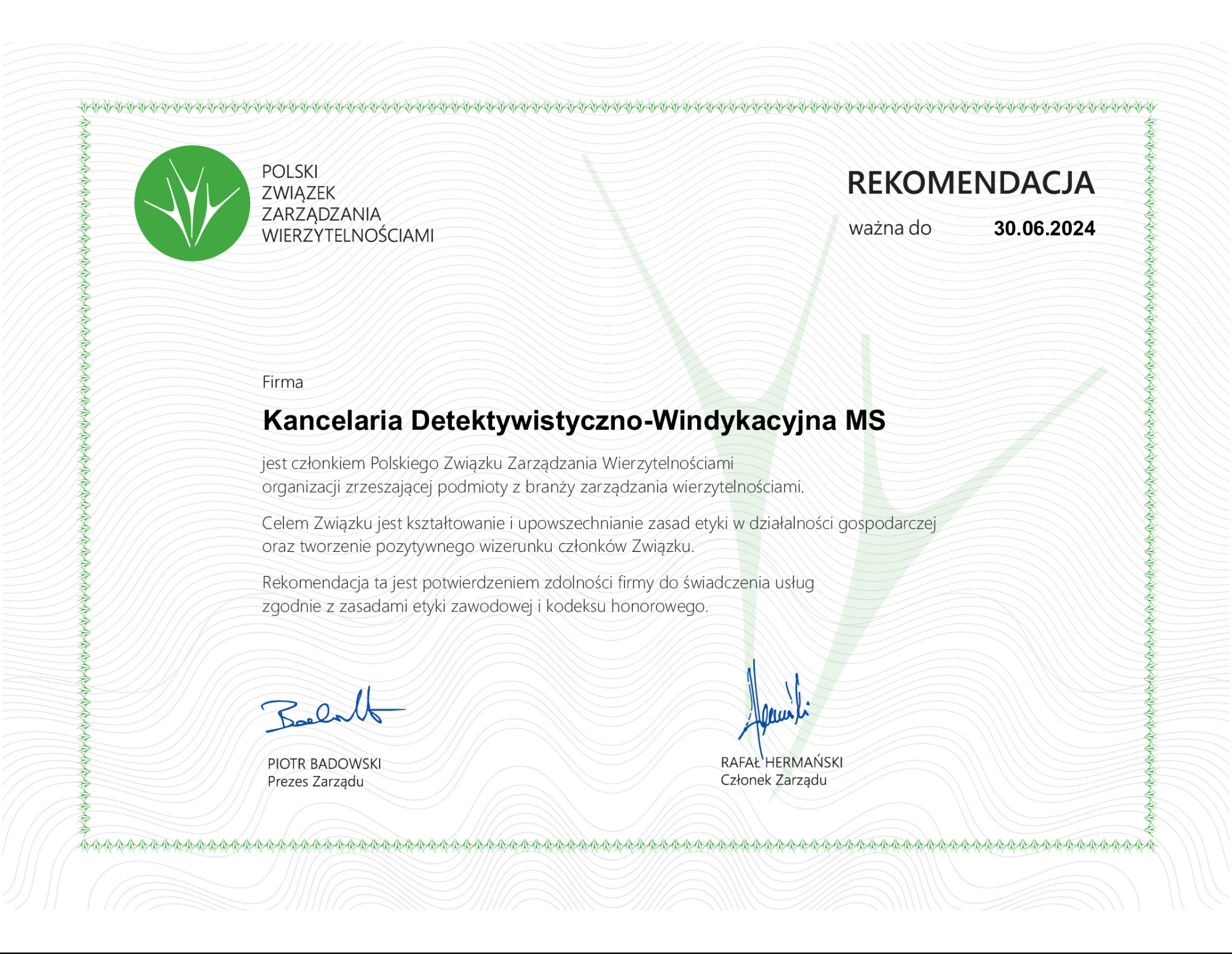 Skan rekomendacji dla Kancelarii Detektywistyczno-Windykacyjnej MS od Polskiego Związku Zarządzania Wierzytelnościami, ważnej do 30.06.2024, z podpisami Piotra Badowskiego i Rafała Hermańskiego.