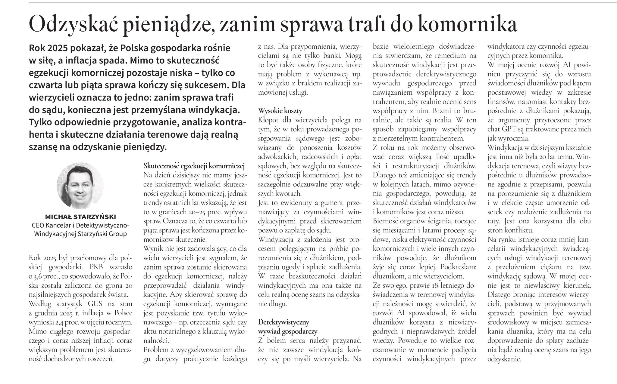 Ekspert do spraw windykacji w Gazecie Finansowej