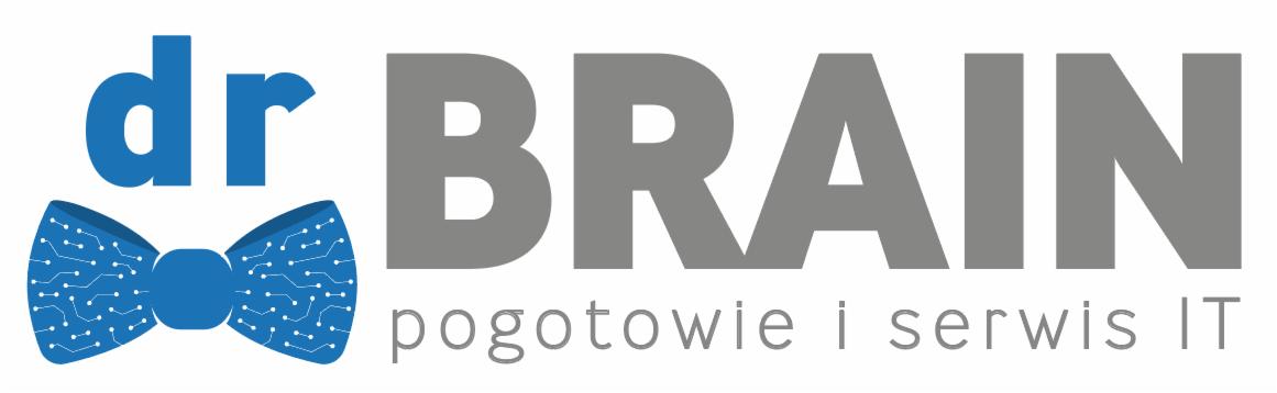 Logo firmy Dr Brain pogotowie i serwis IT, z niebieskim napisem 'dr' i szarym napisem 'BRAIN' oraz niebieską muchą z motywem obwodu drukowanego.
