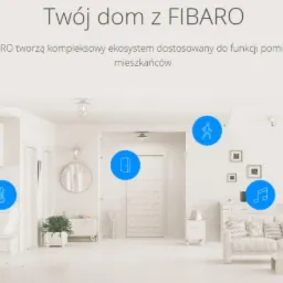 Wnętrze inteligentnego domu FIBARO: biała kuchnia, salon i schody, z ikonami symbolizującymi różne funkcje systemu.