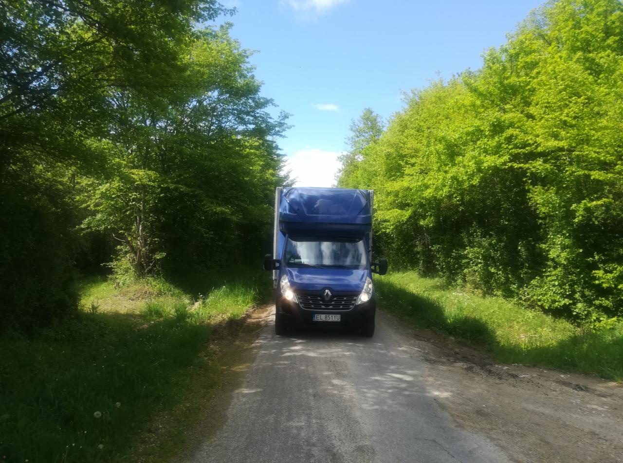 Niebieski bus dostawczy na wąskiej, asfaltowej drodze otoczonej gęstym, zielonym lasem w słoneczny dzień.