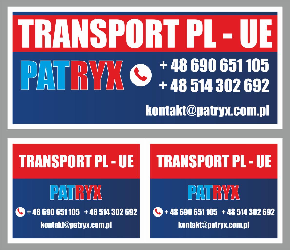 Wizytówka firmy transportowej Patryx z numerami telefonów i adresem e-mail, świadczącej usługi transportu PL-UE.