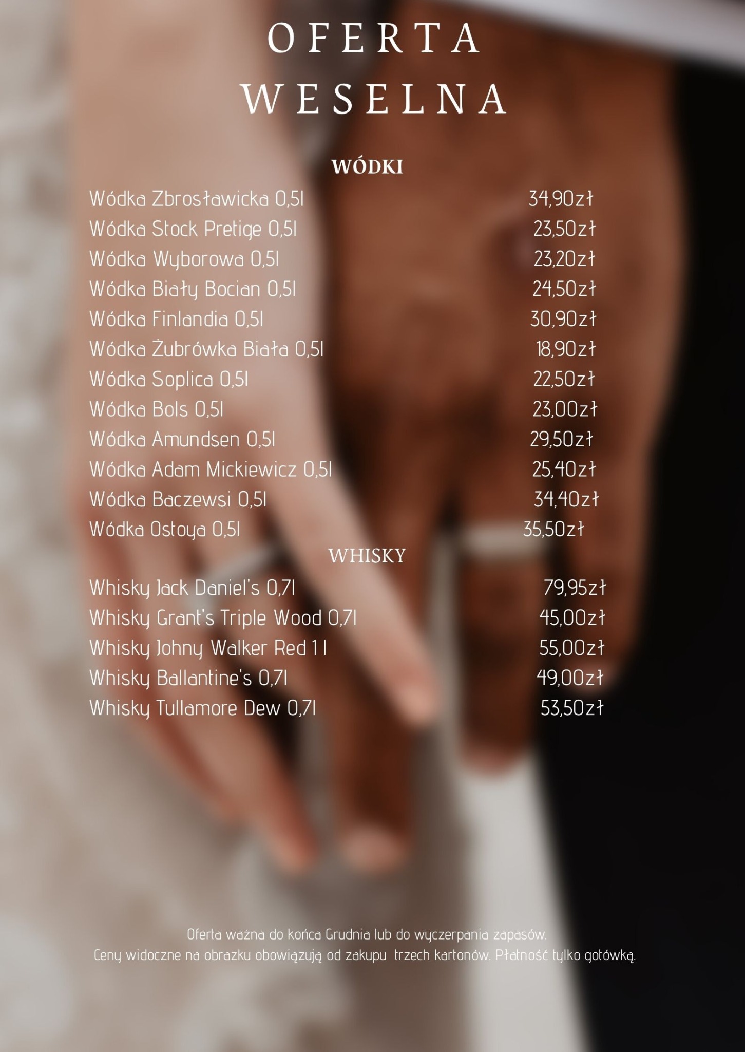 Oferta weselna hurtowni alkoholi: cennik wódek (Zbrosławicka, Stock Prestige, Wyborowa, Biały Bocian, Finlandia, Żubrówka Biała, Soplica, Bols, Amundsen, Adam Mickiewicz, Baczewski, Ostoya)...