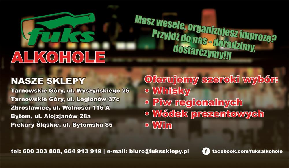 Reklama sieci sklepów z alkoholem, oferująca szeroki wybór whisky, piw regionalnych, wódek prezentowych i win, z adresami sklepów w Tarnowskich Górach, Zbrosławicach, Bytomiu i Piekarach Śląskich...