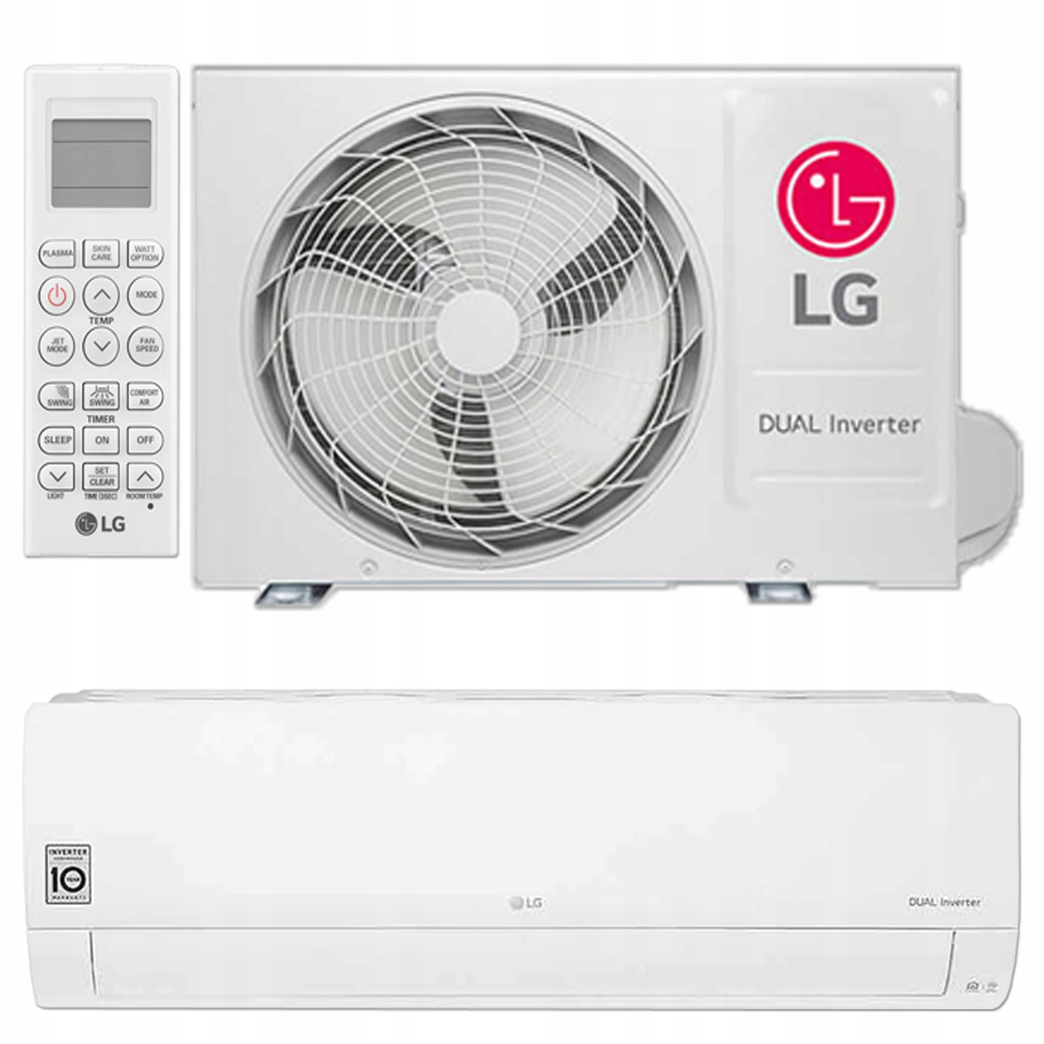 Biała klimatyzacja LG Dual Inverter z pilotem. Widoczne jednostka wewnętrzna naścienna i dolna, z logo LG i oznaczeniem technologii Dual Inverter.