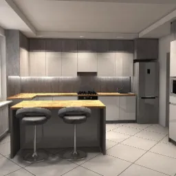 Wizualizacja nowoczesnej kuchni z białymi, błyszczącymi frontami, drewnianym blatem i wyspą z dwoma szarymi hokerami. W tle widoczne okno z widokiem na zieleń.