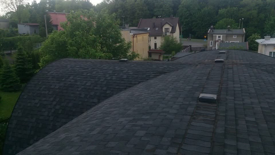 Czarny dach pokryty gontem bitumicznym z widocznymi wywietrznikami dachowymi na tle zabudowań i zieleni. Dach o nietypowym, łukowatym kształcie.