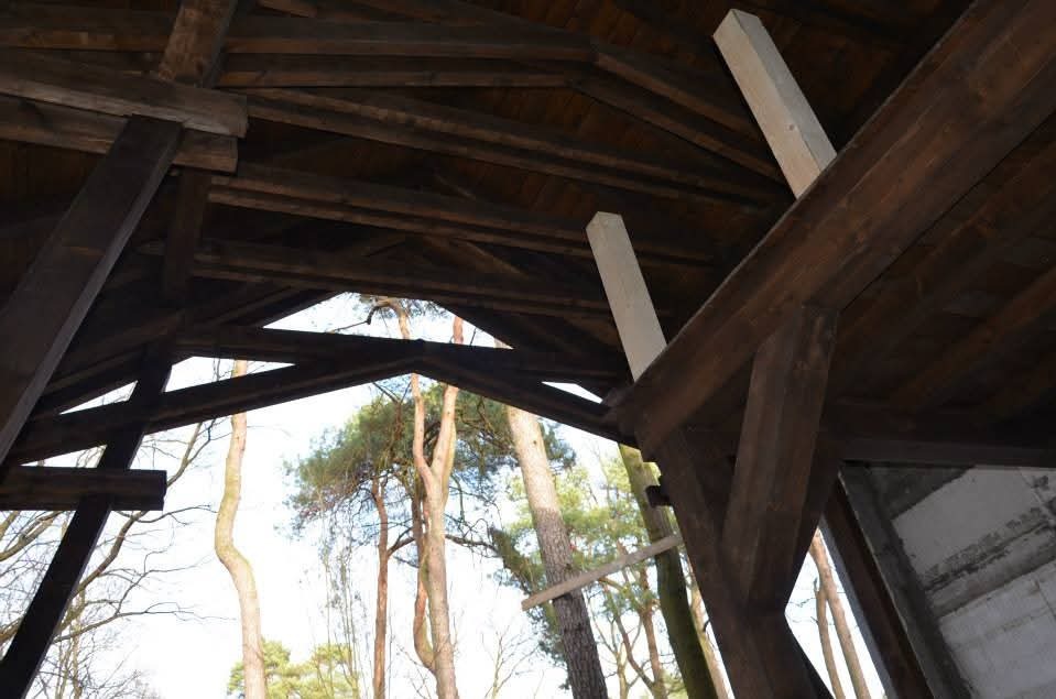 Wnętrze drewnianej konstrukcji dachu z widocznymi elementami więźby, jasnymi podporami i fragmentem drzew na zewnątrz. Ujęcie z dołu, podkreślające geometrię konstrukcji.