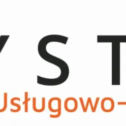 Logo firmy usługowo-szkoleniowej SYSTEM z abstrakcyjnym symbolem człowieka w kolorze pomarańczowo-czarnym.