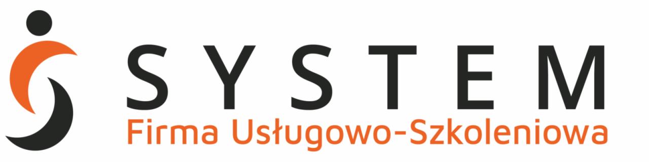 Logo firmy usługowo-szkoleniowej SYSTEM z abstrakcyjnym symbolem człowieka w kolorze pomarańczowo-czarnym.