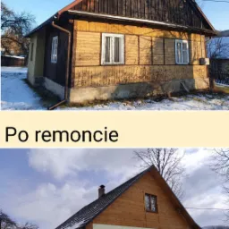 Dom drewniany przed i po renowacji, widoczne zmiany w elewacji, dachu i oknach, zima.