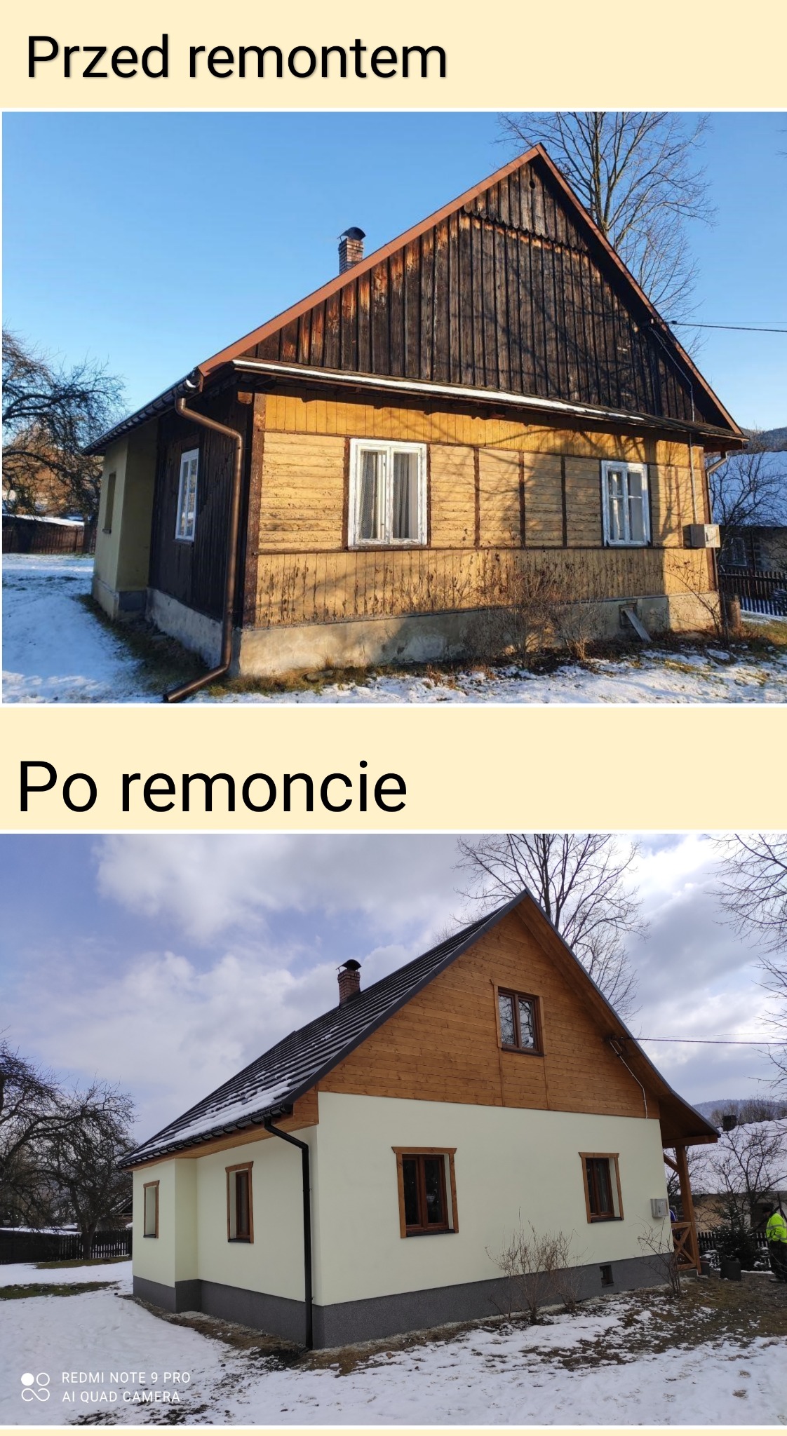Dom drewniany przed i po renowacji, widoczne zmiany w elewacji, dachu i oknach, zima.