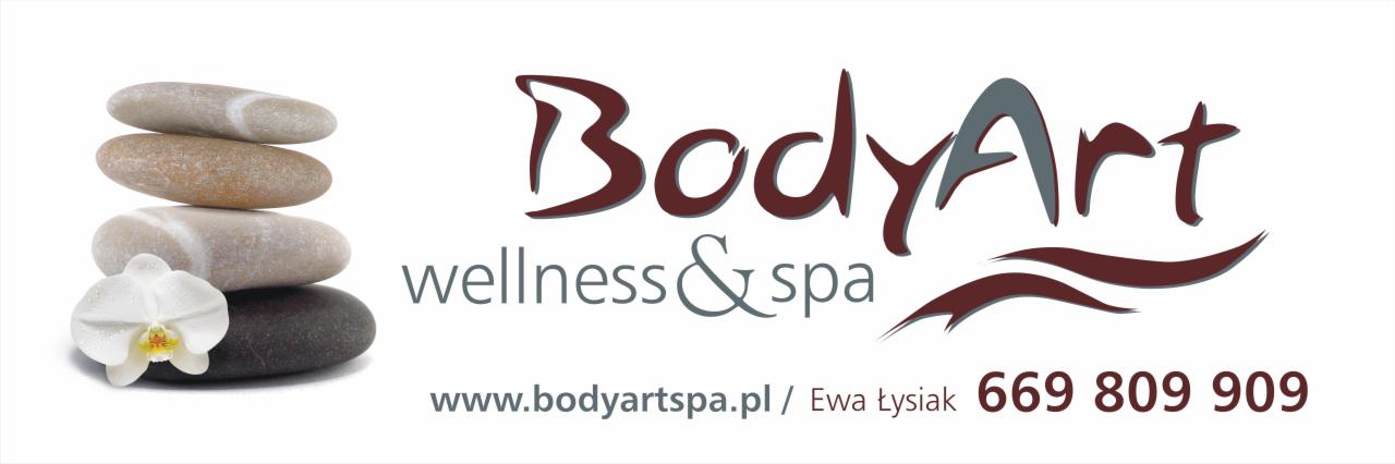 Logo BodyArt wellness & spa z ułożonymi kamieniami i białą orchideą w kroplach wody.
