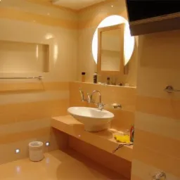 Elegancka łazienka z poziomymi pasami płytek w odcieniach beżu i pomarańczy, owalna umywalka nablatowa, okrągłe lustro z podświetleniem oraz wbudowane oświetlenie podłogowe.