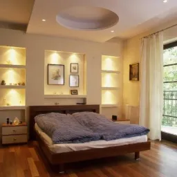 Elegancka sypialnia z drewnianą podłogą i łóżkiem, wnęki ścienne z oświetleniem punktowym i dekoracjami, okrągłe wgłębienie w suficie z oświetleniem i balkon z widokiem na zieleń.