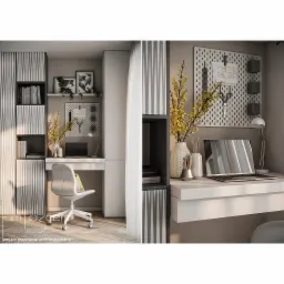 Wizualizacja biura domowego z biurkiem, laptopem, lampką, tablicą perforowaną z planem architektonicznym, dekoracyjnymi wazonami z żółtymi kwiatami i regałem z książkami w odcieniach szarości i bieli.