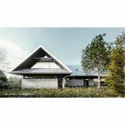 Wizualizacja domu jednorodzinnego z kamienną elewacją i trójkątnym dachem, otoczonego łąką z polnymi kwiatami i drzewami iglastymi.