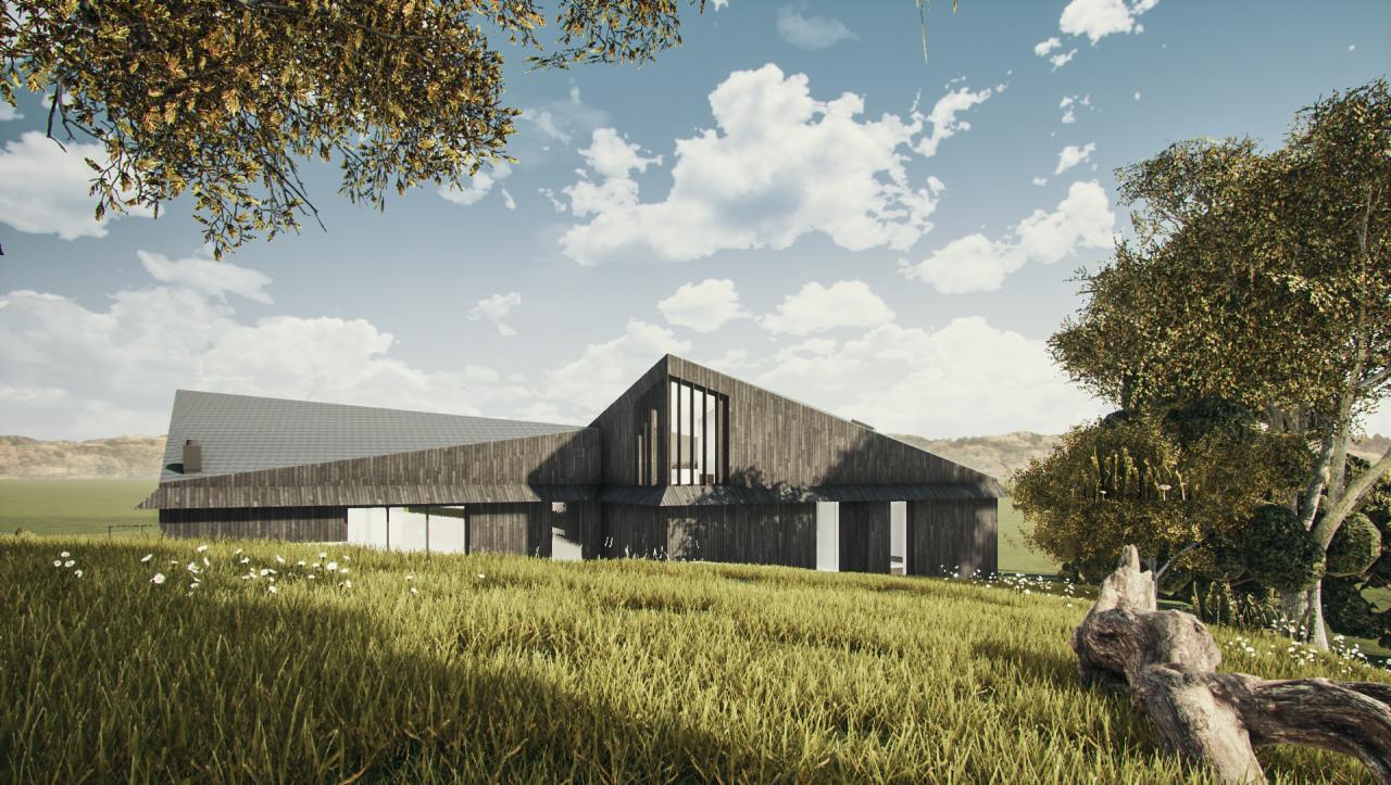 Wizualizacja domu jednorodzinnego z ciemnego drewna z asymetrycznym dachem, otoczonego łąką z białymi kwiatami i drzewami, na tle pagórkowatego krajobrazu pod błękitnym niebem z chmurami.