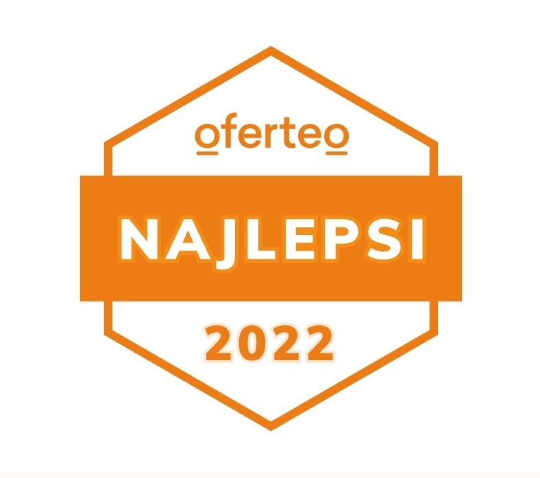 Pomarańczowy emblemat Oferteo 'Najlepsi 2022' na białym tle.