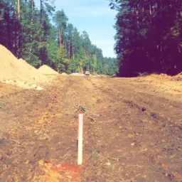 Teren budowy z wytyczonym obszarem, widoczne hałdy ziemi i las w tle, pomarańczowy słupek geodezyjny wbity w ziemię.