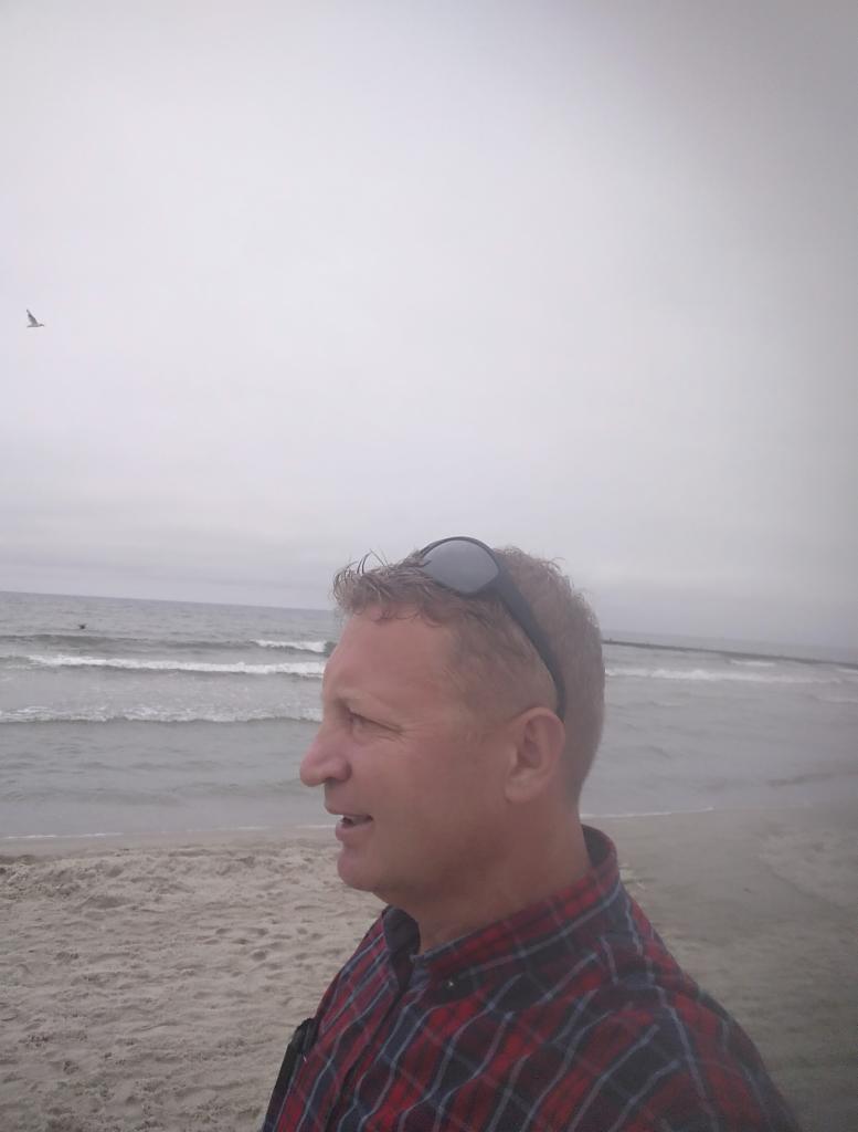 Mężczyzna w kraciastej koszuli na plaży, z okularami na głowie, patrzy w stronę morza. W tle widać fale i ptaka na pochmurnym niebie.