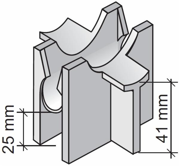 Szary, trójwymiarowy schemat elementu betonowego z zaznaczonymi wymiarami 25 mm i 41 mm.